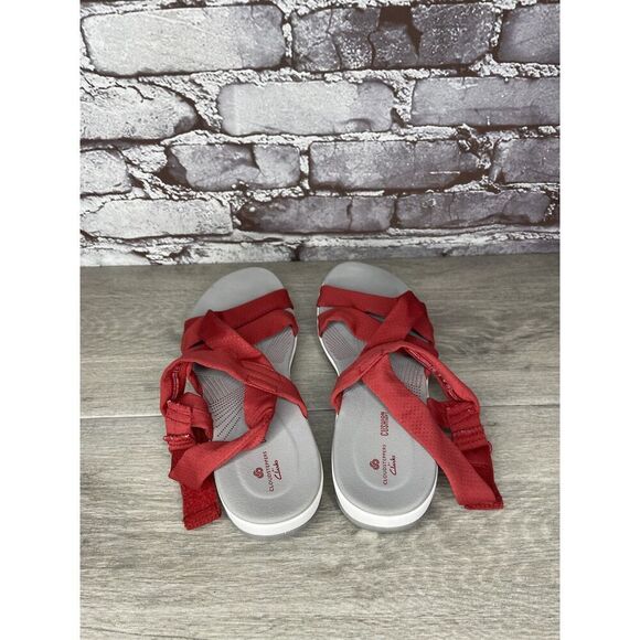 Clarks Cloud Steppers Red Fabric Strappy Wedge Comfort Sandals Women 8M US/39EU - Picture 5 of 16